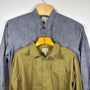 Cabelas Mens Button Down Shirt Bundle 2XL Blue Chambray Olive Green Utility 2pc